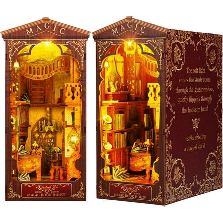 DIY Book Nook Kit, DIY Dollhouse Booknook, Magic Booknook Shelf Insert Decor Alley, 3D Wooden Puzzle Bookends, Book Nook Miniature Kits with LED Light for Adults