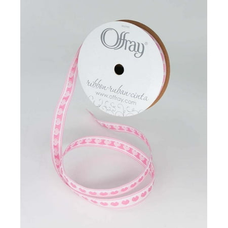 Offray Ribbon, Pink 3/8 inch Hearts Woven Ribbon, 9 feet