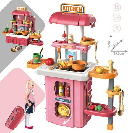 Vecukty Play Kitchen for Kids, 49PCS 3-in-1 Kitchen Playset Accessories with Lights and Sounds, Pretend Play Cooking Set Toy, Gift for Toddlers Little Girls Boys 1 2 3 4 5 6 7 8 9 10 11 - Pink