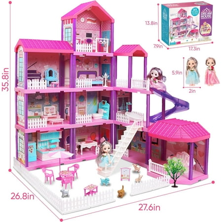 Beefunni Dollhouse, with Slide, Dolls and 11 Rooms, Creative Dollhouse Toys for Girls, Christmas Birthday Gifts for Girls 3 to 6 Year Old