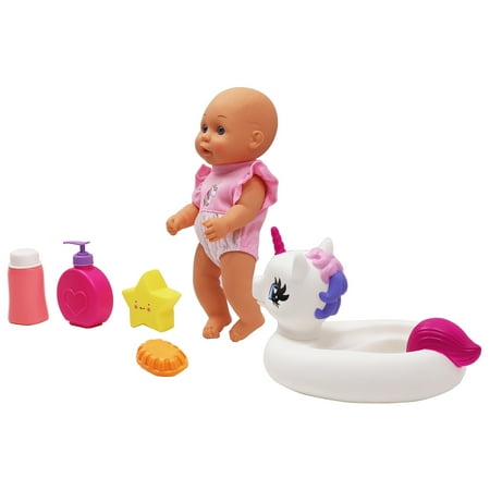 Dream Collection, Water Baby Doll in Unicorn Floater - Accessories for Realistic Pretend Play, Posable Soft Body, Star Toy, Lotion & Soap Case - 12