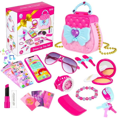 AOWOO 17 Pcs Pretend Play Handbag Toy for Girls, Pretend Makeup Toy Set, Princess Makeup Toy, Pretend Play Handbag Toy, Includes Smart Phone, Watches, Glasses, Keys, Ideal Gift for Girls(Pink)