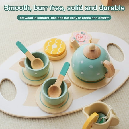 Evjurcn 14Pcs Tea Set Toy Wooden Pretend Play Tea Party Set Learning Role Play Funny Dessert Food Kid Playset Interactive Simulation Teacup Toy for Toddler Girls Boys