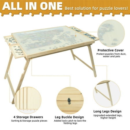 2.3' H Puzzle Table With 4 Sliding Drawers and Covers, 1500 Pieces Portable Jigsaw Puzzle Table For Adults and Kids,34''x26'' Wooden Folding Puzzle Tays