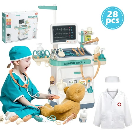 Zacro Doctor Kit for Kids, 28PCS Pretend Medical Station Toy Set for Boys & Girls, Mobile Cart with Lights Doctor Role Play Toys for Toddler Kids 3-8 Years Old