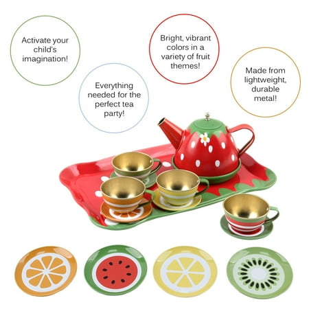 Vokodo Kids Fruit Themed Pretend Play Tea Set 14 Piece Durably Built From Food-Safe Material BPA-Free Kitchen Playset Perfect Early Learning Preschool Toy Great Gift For Children Girls Boys Toddlers