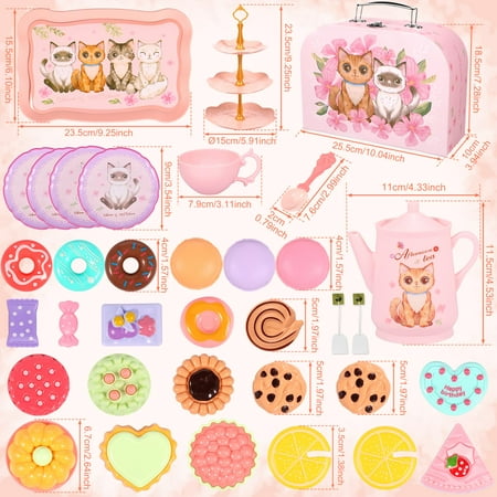 Cat Tea Party Set for Little Girls - 46pcs Pretend Play Toy, Birthday Gift for Toddlers Ages 3 4 5 6 Year Old, Includes Cat Tea Set, Desserts, and Carrying Case, Cat Design