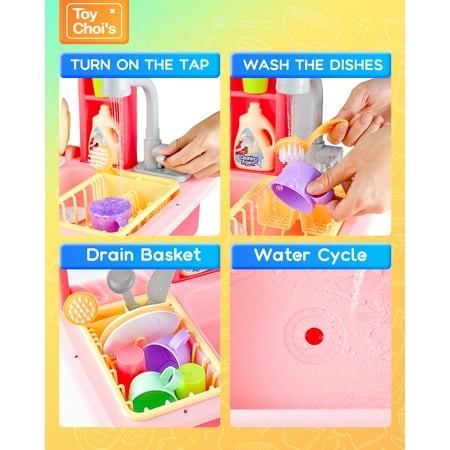 YCFUN Toy Play Sink, Pretend Play Kitchen Sink with Running Water for Kids Girls Boys