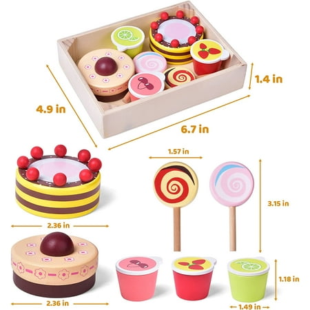 8 PCs Wooden Play Food for Kids Kitchen, Wooden Dessert Play Set for Kids, Pretend Play Food