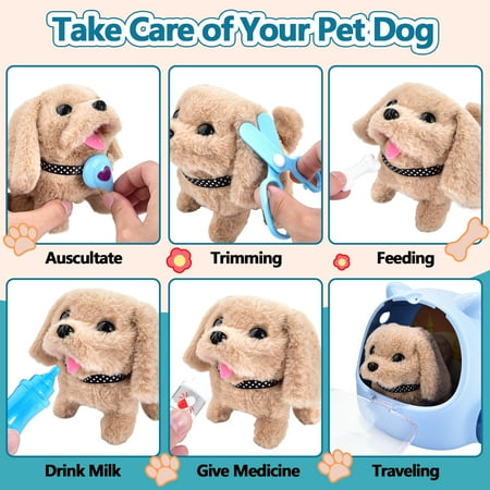 25-Piece Kids Dog Toy Doctor Kit, Interactive Plush Walking Bark Vet Pretend Play Set with Pet Care Backpack - Ideal Gift for 3-7-Year-Old Girls and Boys