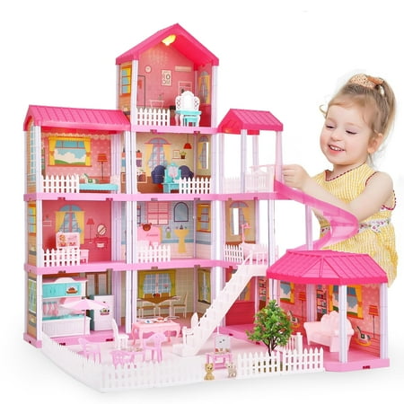 Anpro 4 Stories 11 Room Dollhouse for Girls, 33.46''H Princess Dollhouse with Furniture & Asseccories for Ages 3+, ABS Plastic, Pink