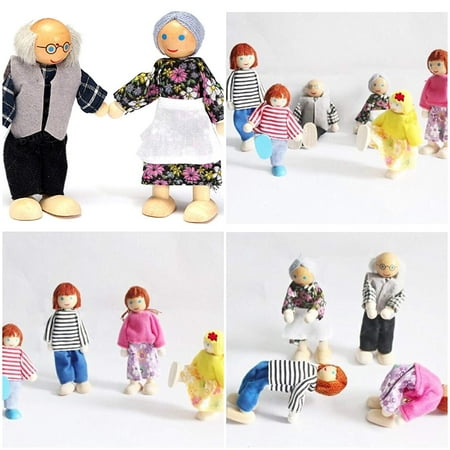 BESTSKY Kids Girls Lovely Happy Dolls Family Playset Wooden Figures Set of 7 People for Children Dollhouse Pretend Gift