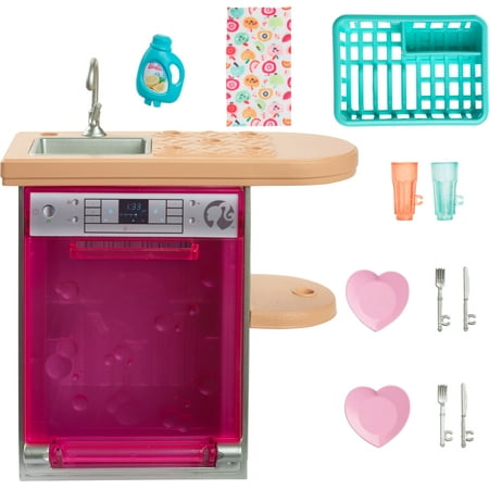 Barbie World Toy Dishwasher Set with 9 Dollhouse Kitchen Accessories Including Plates, Drying Rack, & More