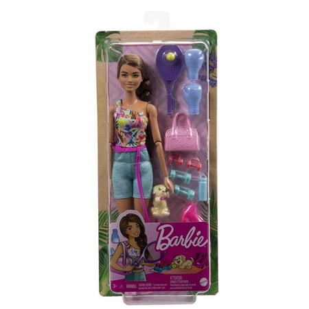 Barbie Self-Care Posable Doll, Brunette Workout Doll with Puppy and Accessories