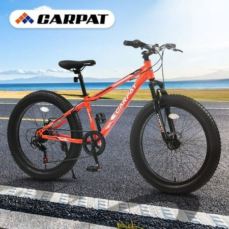 S24109 24 Inch Fat Tire Bike Adult/Youth Full Shimano 7 Speeds Mountain Bike, Dual Disc Brake, High-Carbon Steel Frame, Front Suspension, Mountain Trail Bike, Urban Commuter City Bicycle