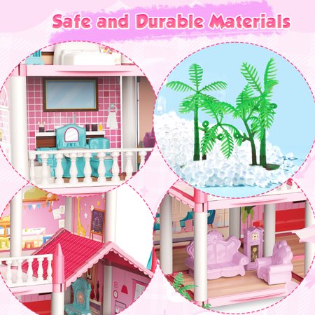 Freecat Doll House Kit Girls Toy, 11 Rooms DIY Pretend Play Dollhouse Playset Toys with Accessories and Furniture, Princess House for Toddlers, Christmas Birthday Gifts for 6-12 Year Old Girls (Pink)