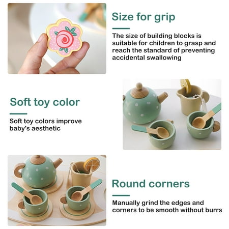 Evjurcn 14Pcs Tea Set Toy Wooden Pretend Play Tea Party Set Learning Role Play Funny Dessert Food Kid Playset Interactive Simulation Teacup Toy for Toddler Girls Boys