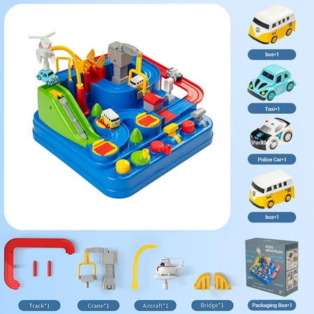 Kids Race Track Car Adventure Toy for Toddlers, Car Rescue Adventure Toys with 4 Mini Car 6 Buttons for 3-7 Years Old Boys Girls, Manually Operated Car Playset Education Toys for Kids Age 3+, Blue