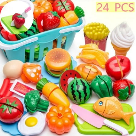 JMH 24 PCS Set Cutting Play Vegetables and Fruits Cooking Toys Gifts for Toddlers with Shopping Basket, Plastic