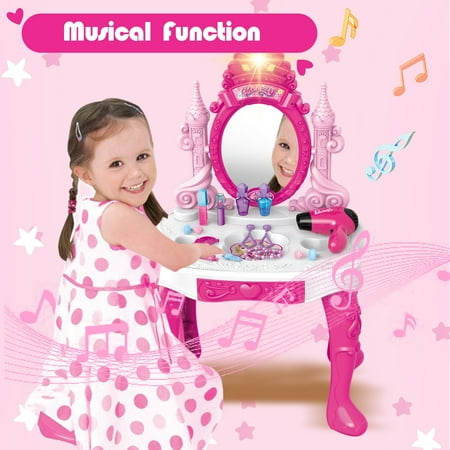 Jiakora Toddler Vanity Makeup Table with Mirror and Chair, Kids Pretend Play Vanity Set with Accessories and Lights and Music for 2-5 Years Old, Pink