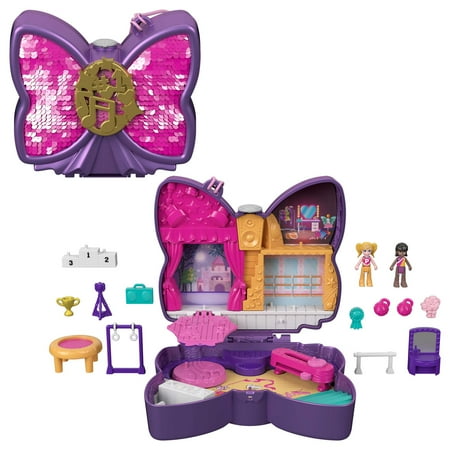 Polly Pocket Sparkle Stage Bow Compact Playset with 2 Micro Dolls & Accessories, Travel Toy