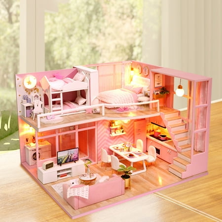 DIY Miniature Dollhouse Kit Realistic Mini 3D Wooden Loft Doll House Apartment with Furniture LED Lights Children's Day Birthday Gift Christmas Decoration