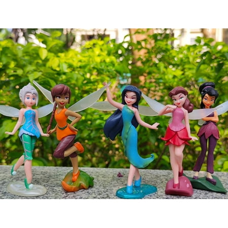 7Pcs/Set Tinkerbell Pixie Girl Flower Fairies Miniature PVC Figures Collection Playset Doll Toy, Fairy Cake Topper Dollhouse Decoration for Kids Gift