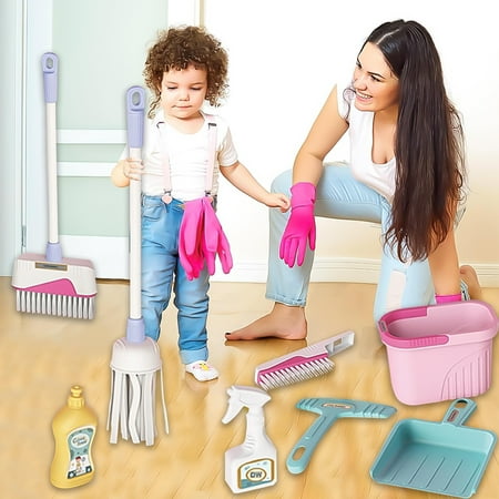 Style-Carry 8 Pcs Kids Cleaning Set, Kids Toys for Girls 3 4 5 6 Years, Pretend Play Housekeeping Tools Toys Broom and Mop Set Birthday Gift for Girls (Pink)