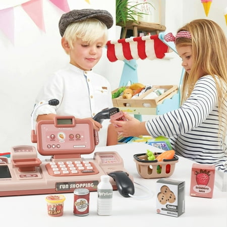 Zacro Kids Cash Register Toy, Pretend Play Cash Register with Scanner, Sound, Credit Card, Food, Recognition Mobile Payment Function, Grocery Store Game Toys, Pink