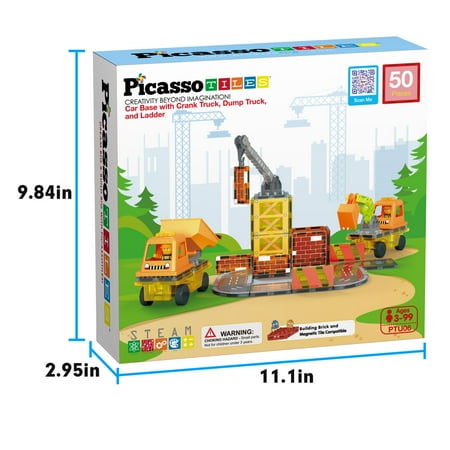 PicassoTiles 50 PC 5-in-1 Magnet Tile Construction Site Themed Magnetic Building Blocks Toy Set for Kids Ages 3+