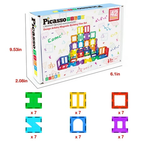 PicassoTiles 42 PC Magnetic Tiles, Magnetic Building Blocks for Kids, Magnet for Kids 3+