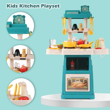 Play Kitchen Set for Kids, Lictin 48PCS Kitchen Playset with Real Sounds & Lights, Simulation Kitchen Cooking Toys with Apron, Pretend Play Food Toys Gift for Boys Girls, Green