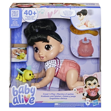 Baby Alive Crawl 'n Play Katie Kat, Black Hair, Interactive Baby Dolls, Toys for Preschoolers, Christmas Gifts for Girls & Boys, 3+