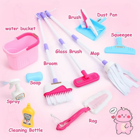 JoyStone 12 Pcs Dinosaur Kids Cleaning Set, Pretend Play Kit Toddler Role Play Toys Kids Broom and Mop Set for Girls Boys Age 3+, Christmas Birthday Gift for Girls Boys, Pink