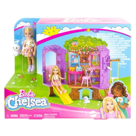 Chelsea Barbie Doll and Treehouse Playset with Pet Puppy, Furniture, Slide and Accessories