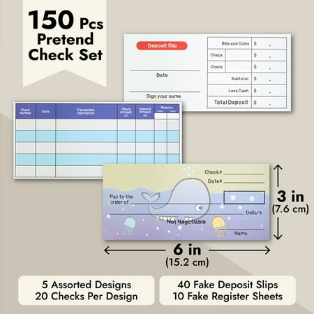 150 Sheets Fake Checkbook for Kids Learning with Pretend Deposit Slip and Check Register for Play School Supplies, Ocean Themed