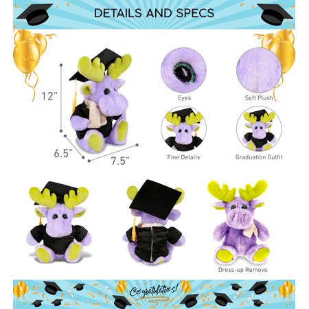 DolliBu Sitting Purple Moose Graduation Plush Toy - Super Soft Moose Graduation Stuffed Animal Dress Up with Gown and Cap with Tassel Outfit - Reward Celebration Grad Gift - 12 Inch