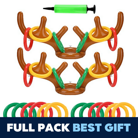 2 Pack Inflatable Reindeer Antler Ring Toss Game for Christmas Party, Set of 2 Antler Hats with Rings for Kids Adults Family Xmas Fun Games (12 Rings, 2 Antlers, 2 Noses, 1 Pump)