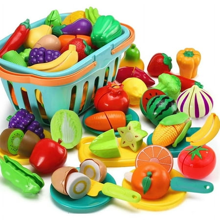 70 PCS Cutting Play Food Toy for Kids Kitchen, Pretend Fruit &Vegetables Accessories with Shopping Storage Basket, Plastic Mini Dishes and Knife, Educational Toy for Toddler Children Birthday Gift