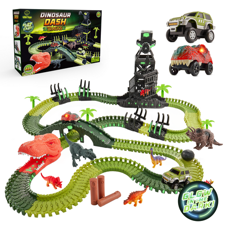 USA Toyz Dinosaur Dash Track STEM Set Toy, 6 Dinosaurs, LED Dino Car, 225 Piece Tracks for Kids Ages 3+