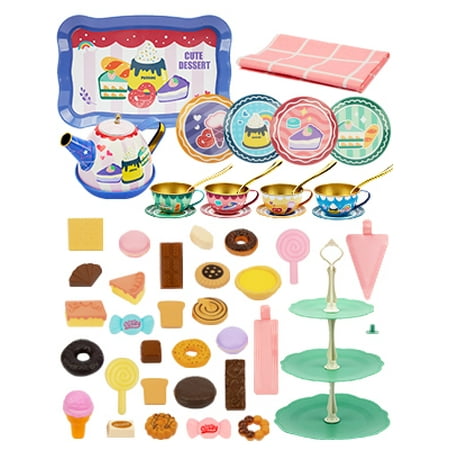 WISESTAR Tea Party Set for Little Girls- 50Pcs Kids Tea Set with Food Treats Playset & Carrying Case- Tin Tea Set for Princess Kitchen Pretend Play Toy for Toddlers Age 3-10