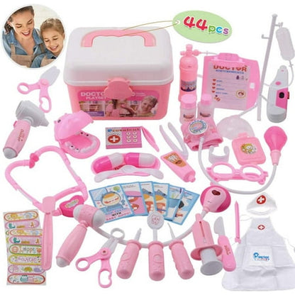 44 Pieces Educational Doctor Pretend Play Toy Set Dentist Medical Kit with Storage Box & Lights & Sounds for Doctor Roleplay-Pink