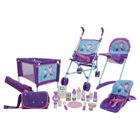 509: Mermaid 21 Piece Set: Doll Stroll n Play & Care Set - Includes Stroller, Car Seat, Highchair, Play Yard, 15 Piece Accessories, & Diaper Bag/Handbag, Kids Pretend Play Ages 3+