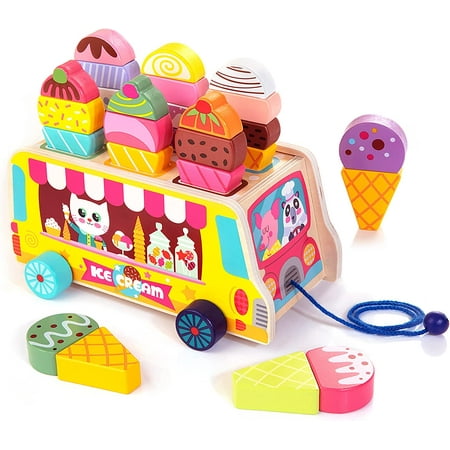 Wooden Ice Cream Truck, 28 pcs Magnetic Ice Cream Sweet Treats Pretend Play Food & Accessories, Montessori Sorting & Stacking Toys for Toddler Girls & Boys Age 2-4