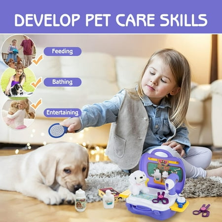 Anpro 16PCS Pet Care Play Set, Pretend Vet Grooming Doctor Kit Toys for Kids, Dog Grooming Kit with Backpack Doctor Set for Kids 3-7 Years Old Gifts, Purple