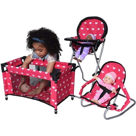 The New York Doll Collection High Chair, Bouncer and Pack N Play Doll Accessories, 3 Pieces