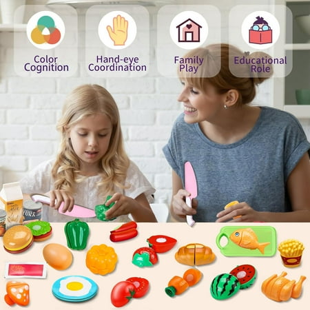 24 Pcs Cutting Pretend Play Food Toys for Kids Kitchen Set Playset Accessories BPA Free Peel & Cut Toy Food Fruits and Vegetables Toys, Christmas Birthday Gift for Girls Boys Kids Storage Basket