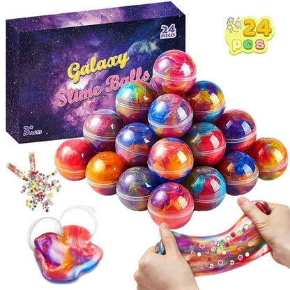 Axuzsyx 24 Pcs Galaxy Slime Ball with Assorted Fimo Slices, Stretchy, Non-Sticky and Safe, Kids Party Favors, Birthday Party Supplies, Classroom Reward, Easter Basket Stuffers