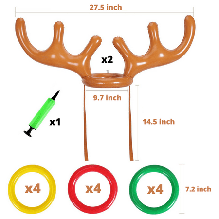 2 Pack Inflatable Reindeer Antler Ring Toss Game for Christmas Party, Set of 2 Antler Hats with Rings for Kids Adults Family Xmas Fun Games (12 Rings, 2 Antlers, 2 Noses, 1 Pump)