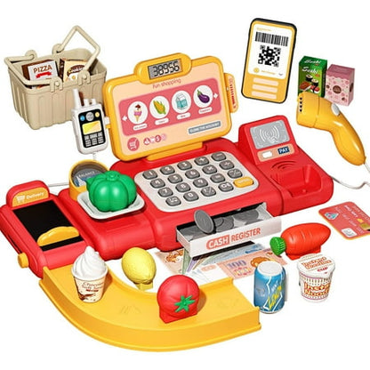 Toy Cash Registers for Kids Pretend Play Cash Register with Scanner, Calculator, Play Money and Credit Card Supermarket Grocery Store Toys for Boys & Girls Toys Gift, Red